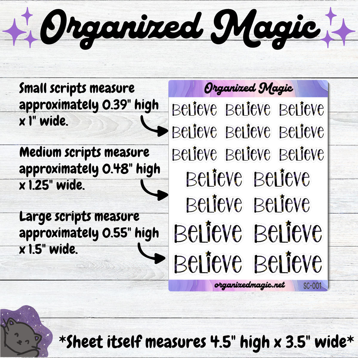 A product information graphic for a sheet of 'Believe' hand lettered scripts. It shows a preview of the sheet with multiple rows of the word 'Believe' in different font sizes, alongside text detailing the measurements of small, medium, and large scripts, and the sheet's overall dimensions.