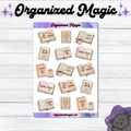 A planner sticker sheet by Organized Magic featuring various illustrations of open and closed books, candles, and mugs. The text includes phrases like Just One More Chapter, Lit By Stories, Read Me, Book Lover, Rooted In Books, and Stories For A Cozy Day.