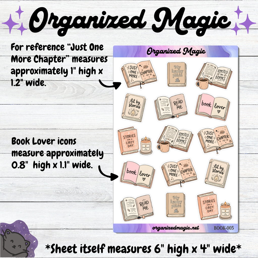 A sticker sheet titled Organized Magic featuring various book-themed illustrations including open books, closed books, and candles. The sheet measures 6 inches high by 4 inches wide, with specific book icons measuring 1 inch by 1.2 inches.