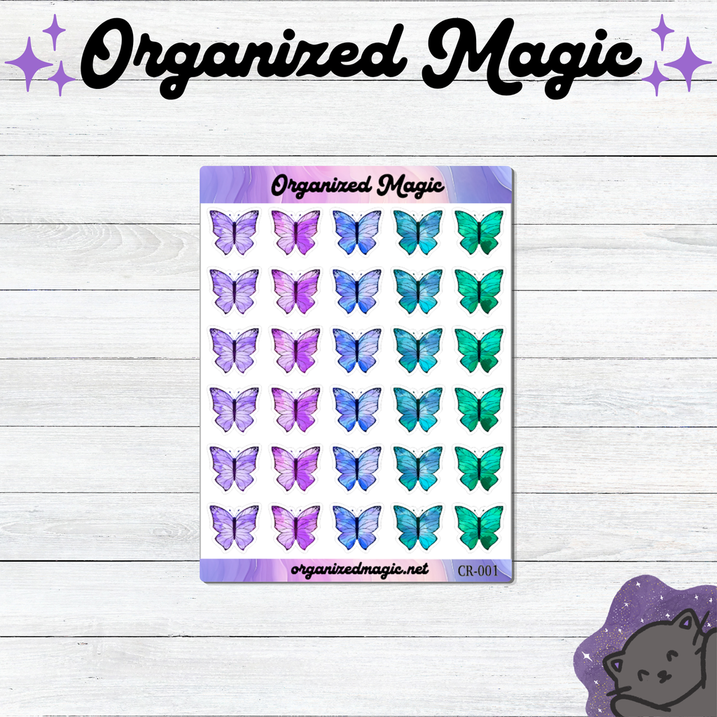 A sheet of thirty planner stickers featuring watercolor butterfly designs in purple, pink, blue, and teal, displayed on a white wood background with decorative branding text.