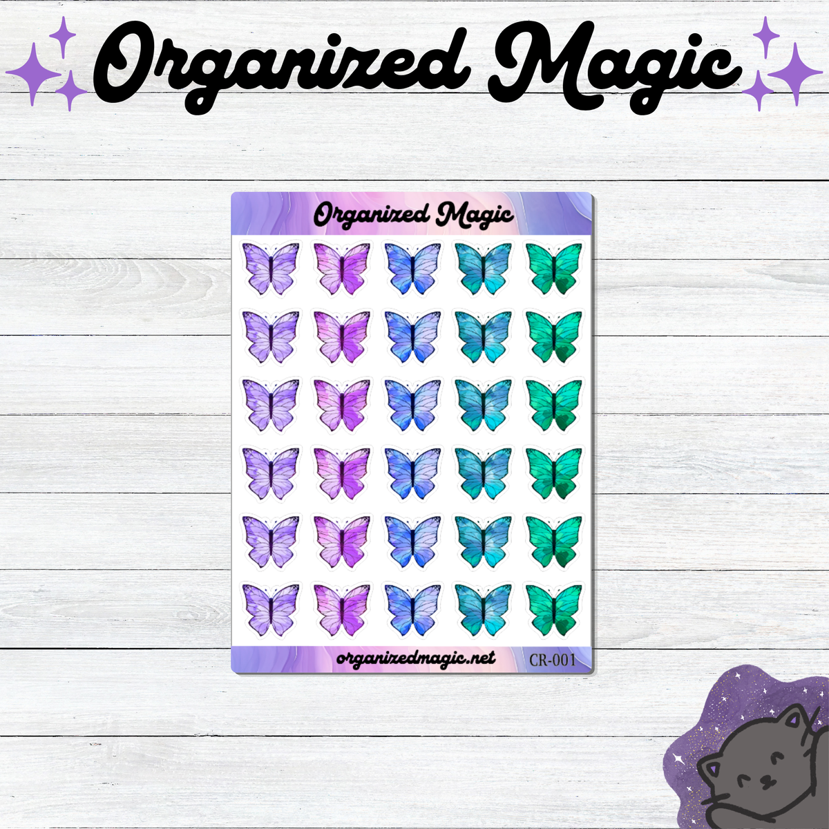 A sheet of thirty planner stickers featuring watercolor butterfly designs in purple, pink, blue, and teal, displayed on a white wood background with decorative branding text.