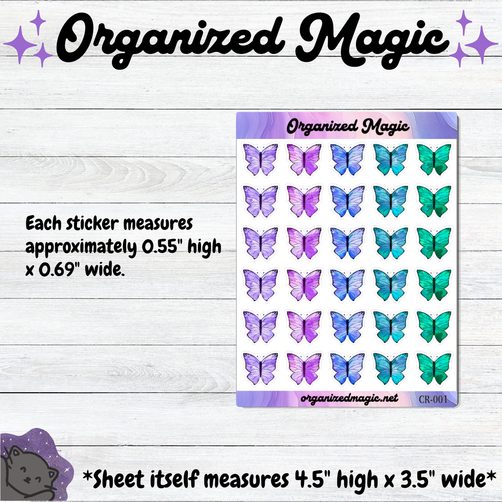 Organized Magic butterfly sticker sheet displayed on a white wood background with text showing sticker and sheet measurements. The stickers measure approximately 0.55 inches high by 0.69 inches wide. The sheet contains rows of colorful butterfly stickers in purple, blue, and teal tones.