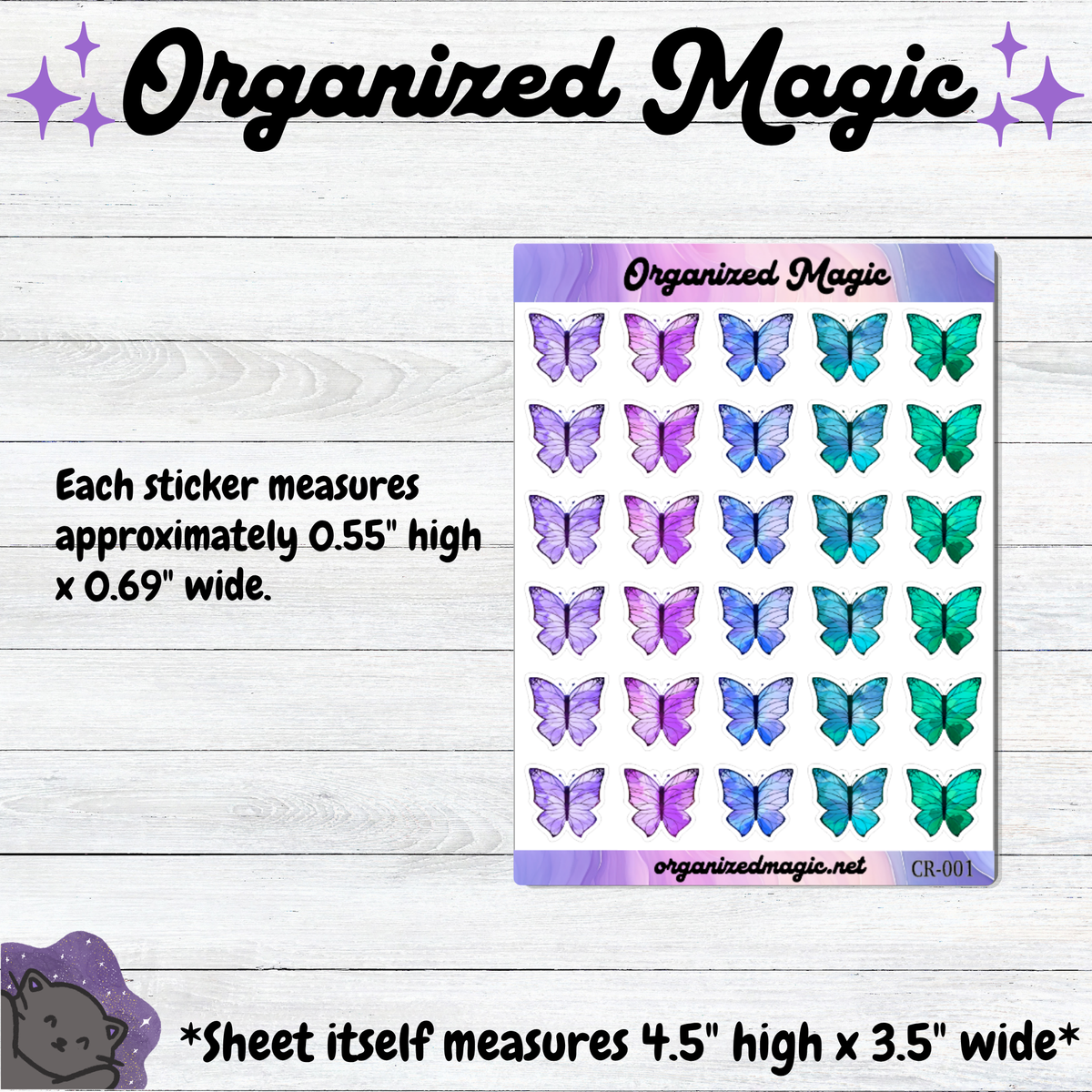 Organized Magic butterfly sticker sheet displayed on a white wood background with text showing sticker and sheet measurements. The stickers measure approximately 0.55 inches high by 0.69 inches wide. The sheet contains rows of colorful butterfly stickers in purple, blue, and teal tones.