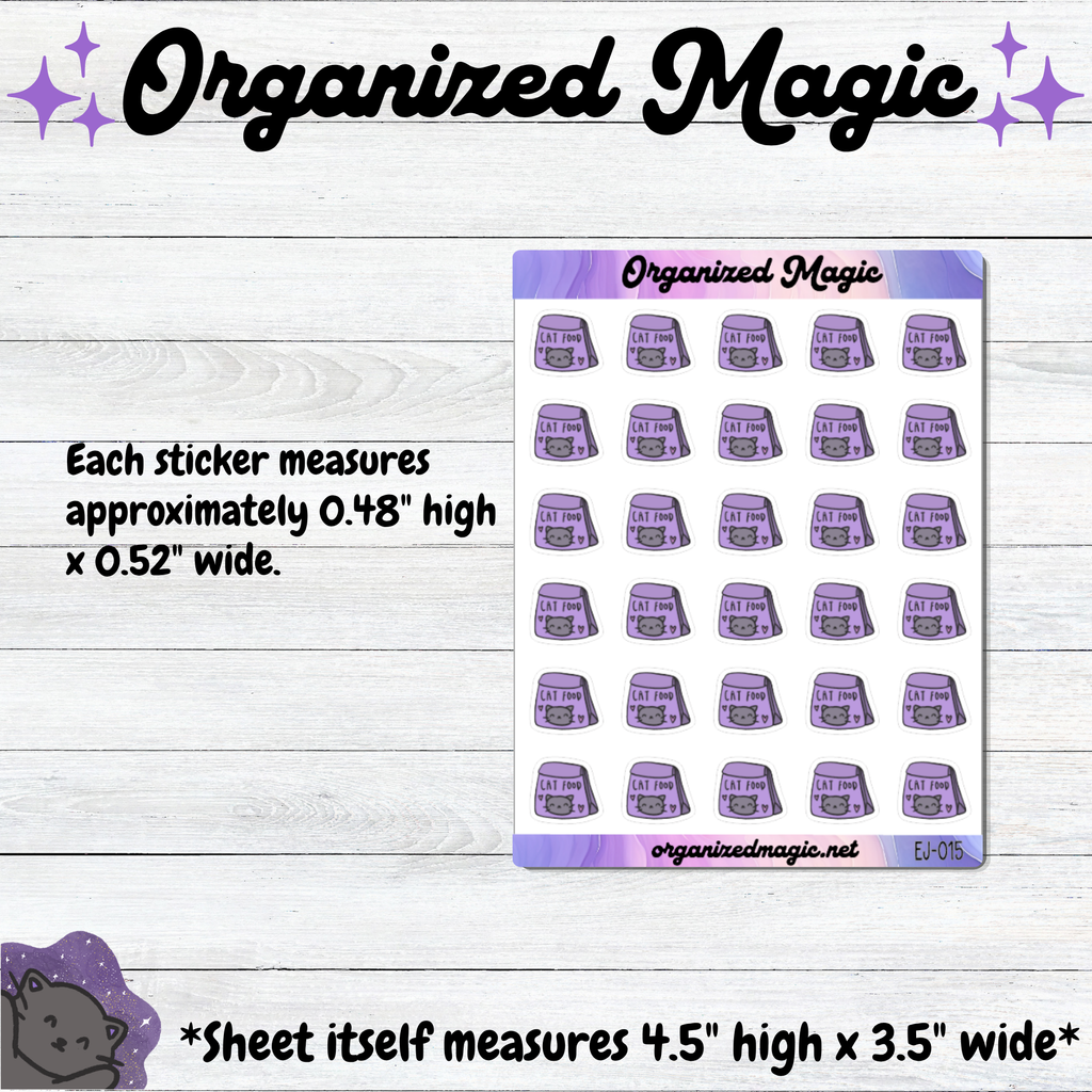 A planner sticker sheet by Organized Magic featuring thirty small purple cat food bag stickers. Each sticker measures 0.48 inches high by 0.52 inches wide. The entire sheet measures 4.5 inches high by 3.5 inches wide with the text organizedmagic.net.