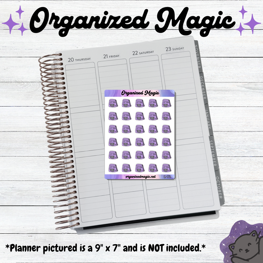 A rectangular planner sticker sheet featuring thirty small purple cat food icons with the text "Cat Food" on the label. The sheet is displayed on an open planner page.