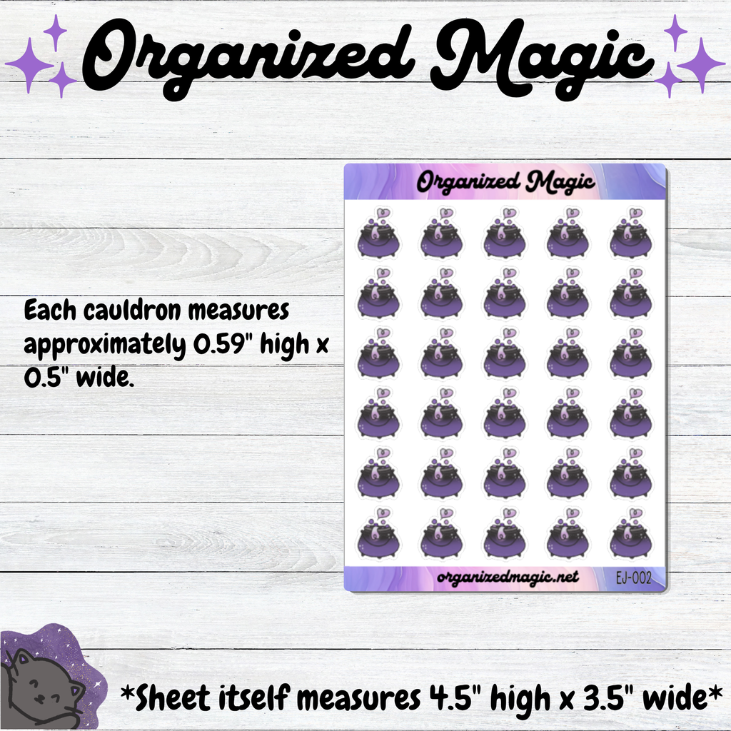 A product listing graphic for 'Organized Magic' planner stickers showing a sheet of hand drawn purple cauldron-themed stickers on a light wood background. The graphic includes text detailing the dimensions of the cauldron and the sticker sheet, along with decorative purple starbursts and a cartoon cat logo.