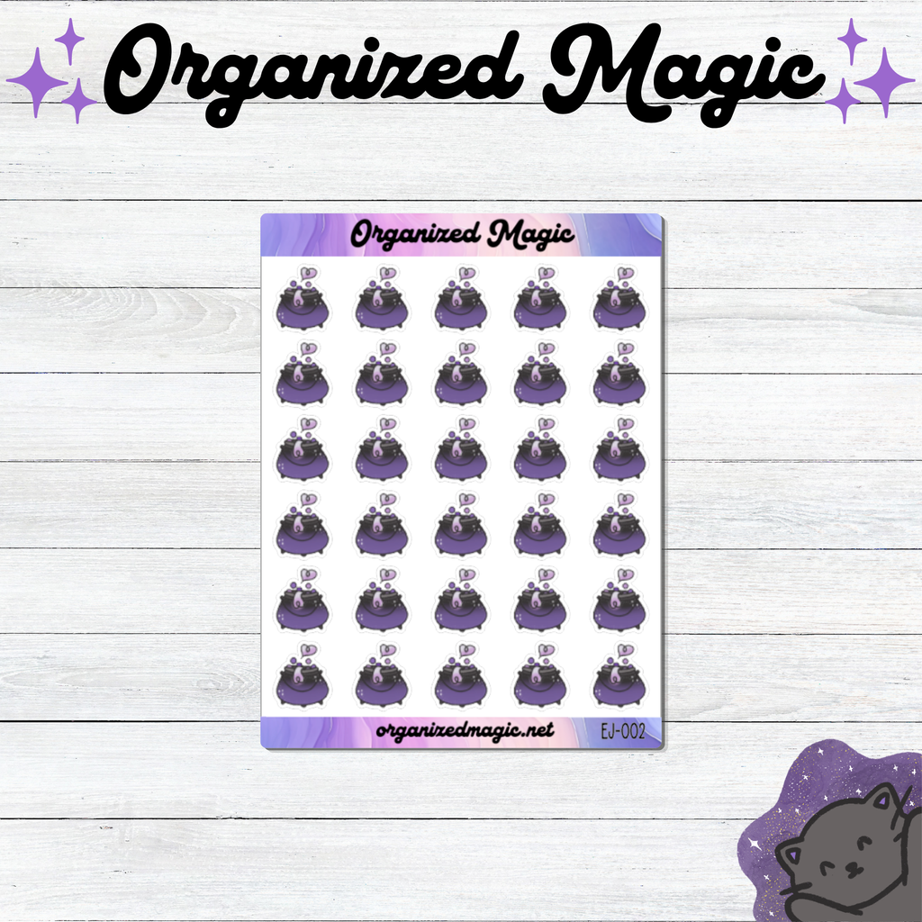 A sheet of hand drawn cauldron planner stickers, displayed on a light wood background with decorative branding text at the top and bottom.