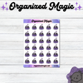 A sheet of hand drawn cauldron planner stickers, displayed on a light wood background with decorative branding text at the top and bottom.