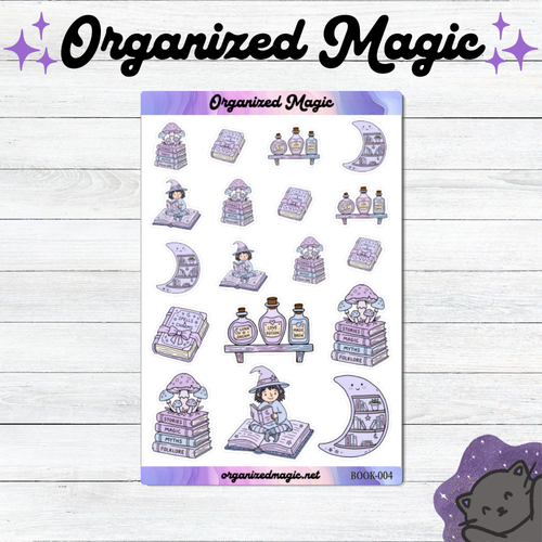 A planner sticker sheet titled Organized Magic featuring purple-toned illustrations of books, potion bottles on shelves, crescent moon bookshelves, and figures in witch hats reading books. 