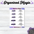 A sticker sheet titled Organized Magic featuring ten individual hand lettered stickers. Five stickers display the text dark magic in purple script, and five stickers display the same text in black.