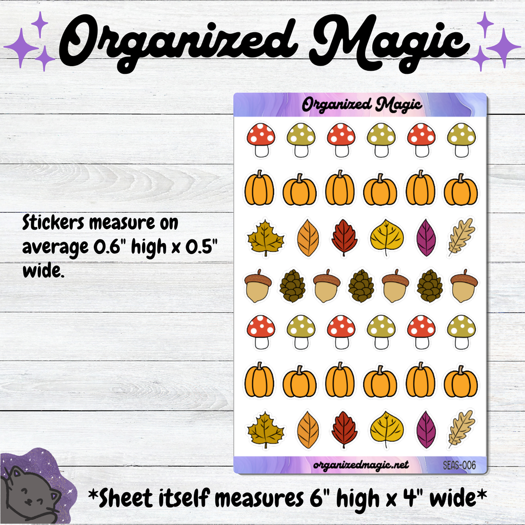 A sticker sheet from the brand Organized Magic featuring autumn-themed stickers including pumpkins, acorns, maple leaves, and mushrooms. The sheet is displayed on a light gray wood-textured background with informational text detailing the sticker sizes and the larger sheet dimensions.