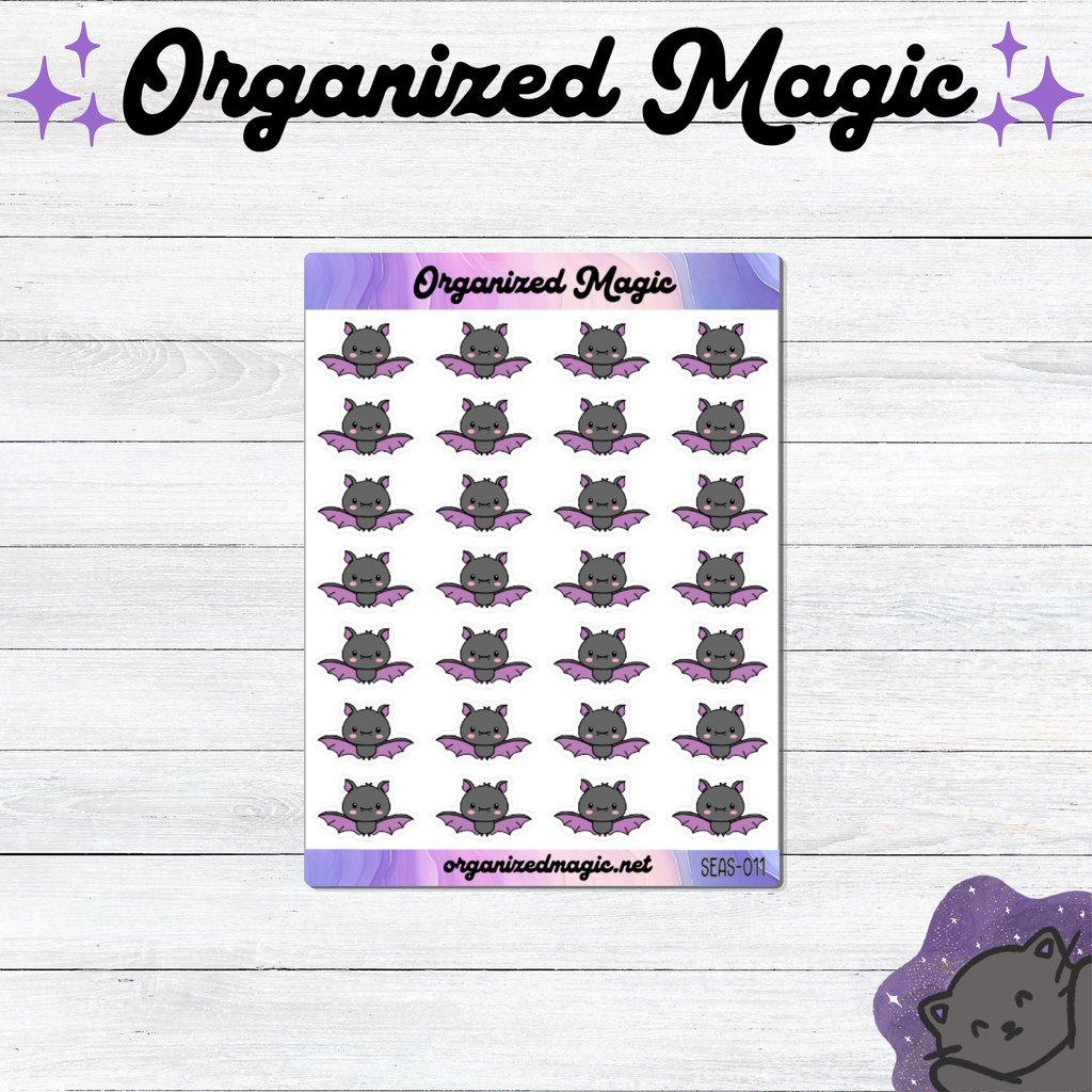 A sheet of planner stickers featuring a grid of cute gray doodle bats with purple wings, displayed on a white wood background with decorative purple branding elements.