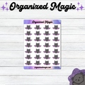 A sheet of planner stickers featuring a grid of cute gray doodle bats with purple wings, displayed on a white wood background with decorative purple branding elements.