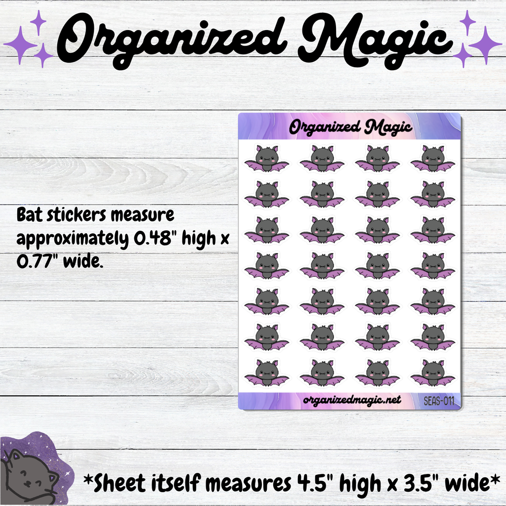 A product listing graphic for Organized Magic bat stickers. The image shows a sheet of small bat-shaped planner stickers with purple wings on a white background, plus text stating bat stickers measure approximately 0.48 inches high by 0.77 inches wide.