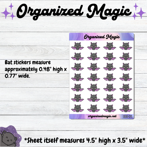 A product listing graphic for Organized Magic bat stickers. The image shows a sheet of small bat-shaped planner stickers with purple wings on a white background, plus text stating bat stickers measure approximately 0.48 inches high by 0.77 inches wide.