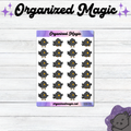 A sheet of planner stickers featuring a grid of cute gray doodle blackbirds displayed on a white wood background with decorative purple branding elements.