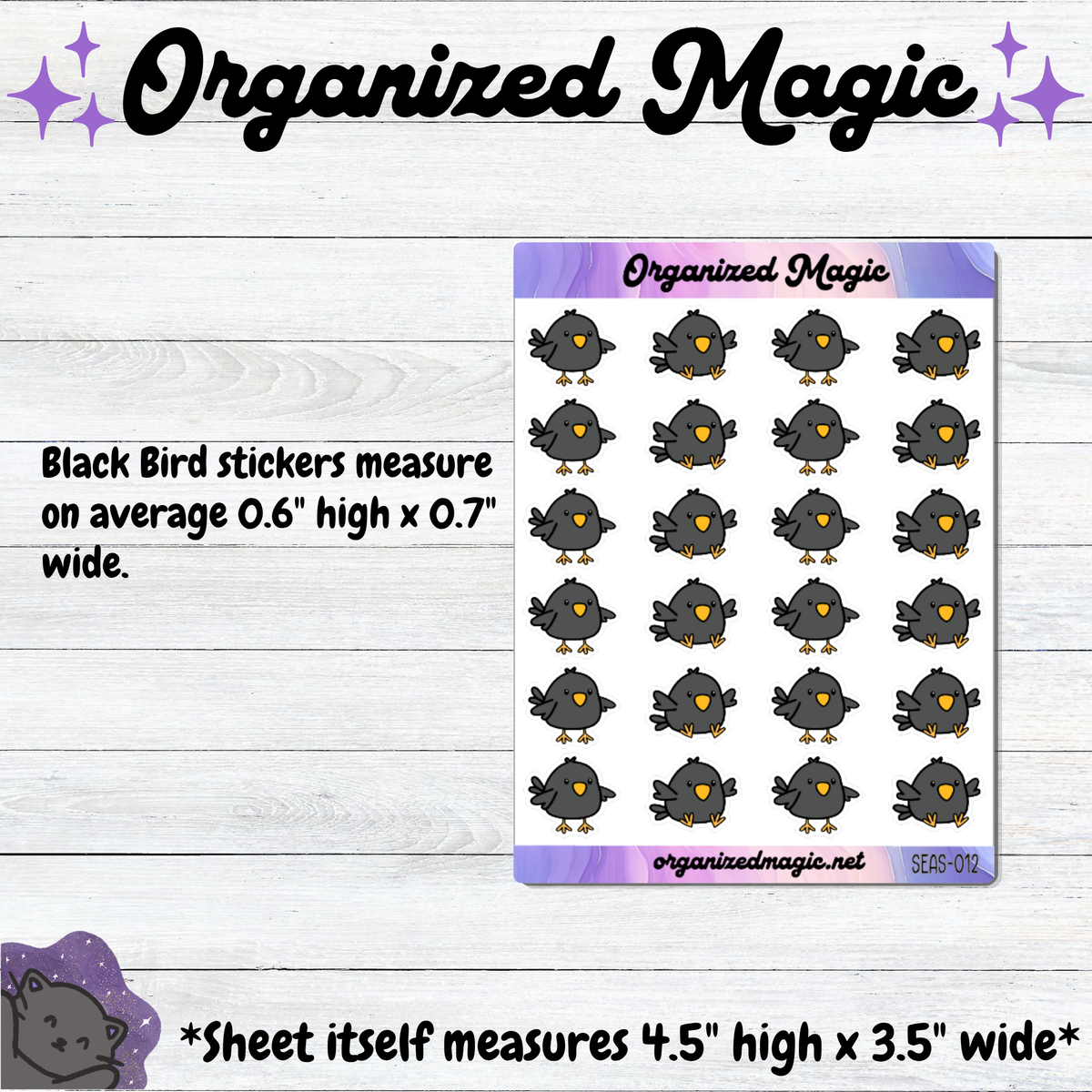 A product listing graphic for Organized Magic black bird planner stickers. The image shows a sheet of 24 doodle black birds with yellow beaks, placed on a white wood background.