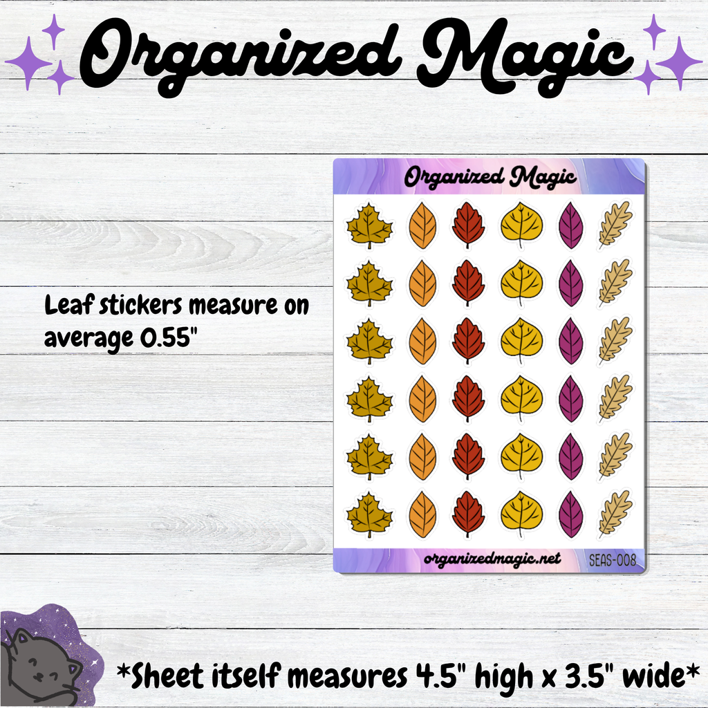 Organized Magic planner sticker sheet featuring autumn leaf stickers in various shapes and fall colors, displayed on a light wood background with informational text overlays for sticker measurements.