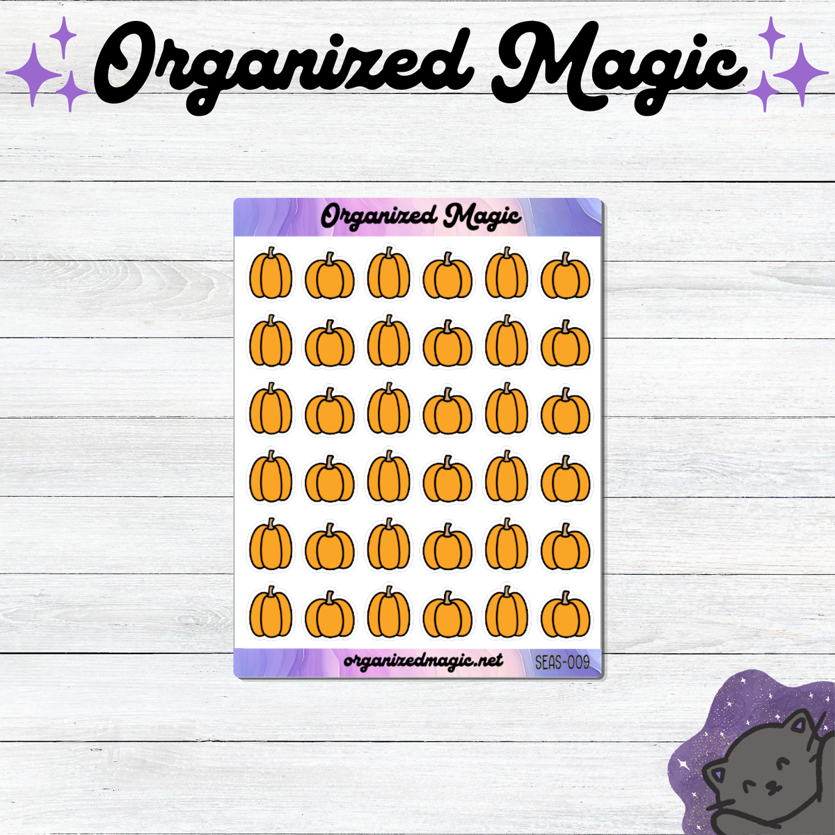 A sticker sheet featuring thirty-six small orange pumpkin doodle illustrations arranged in a grid. The top header reads Organized Magic, and the bottom footer includes the text organizedmagic.net and the code SEAS-009.