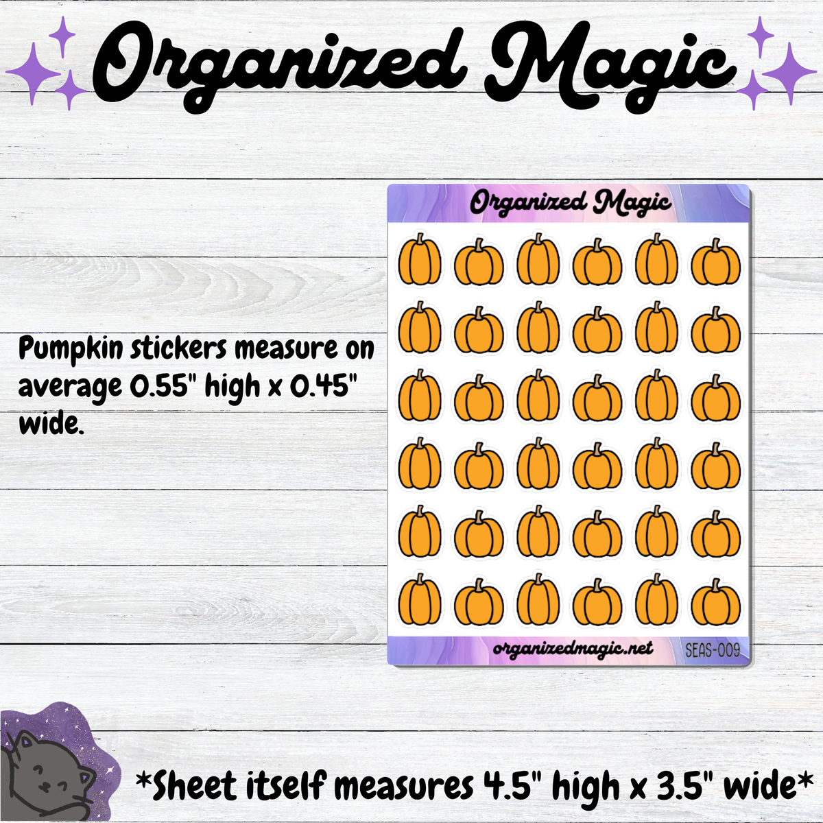 A sticker sheet titled Organized Magic featuring thirty-six orange pumpkin stickers. The sheet measures 4.5 inches high by 3.5 inches wide, and each individual pumpkin sticker measures on average 0.55 inches high by 0.45 inches wide.