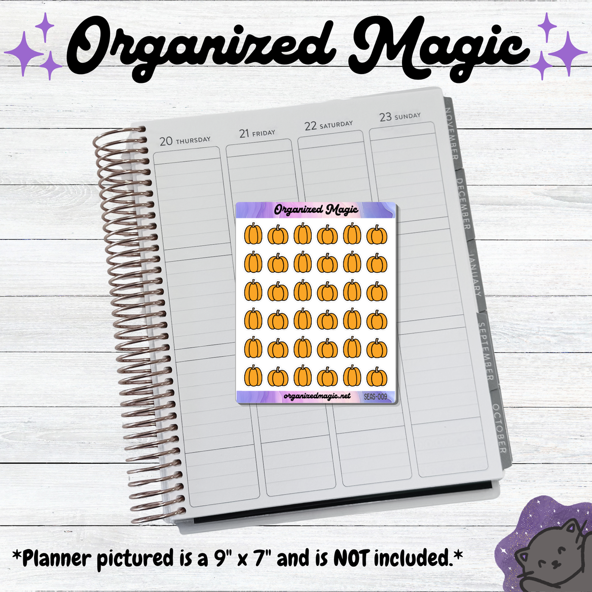 A rectangular sticker sheet featuring thirty-six small orange pumpkin doodle illustrations with black outlines diplayed on an open planner. The sheet has a purple and blue gradient border with the text Organized Magic and organizedmagic.net printed on it.