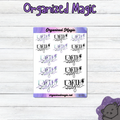 A sheet of planner stickers featuring the hand lettered phrase 'Earth Magic' in black and purple script, displayed on a light wood background with a purple 'Organized Magic' header at the top.