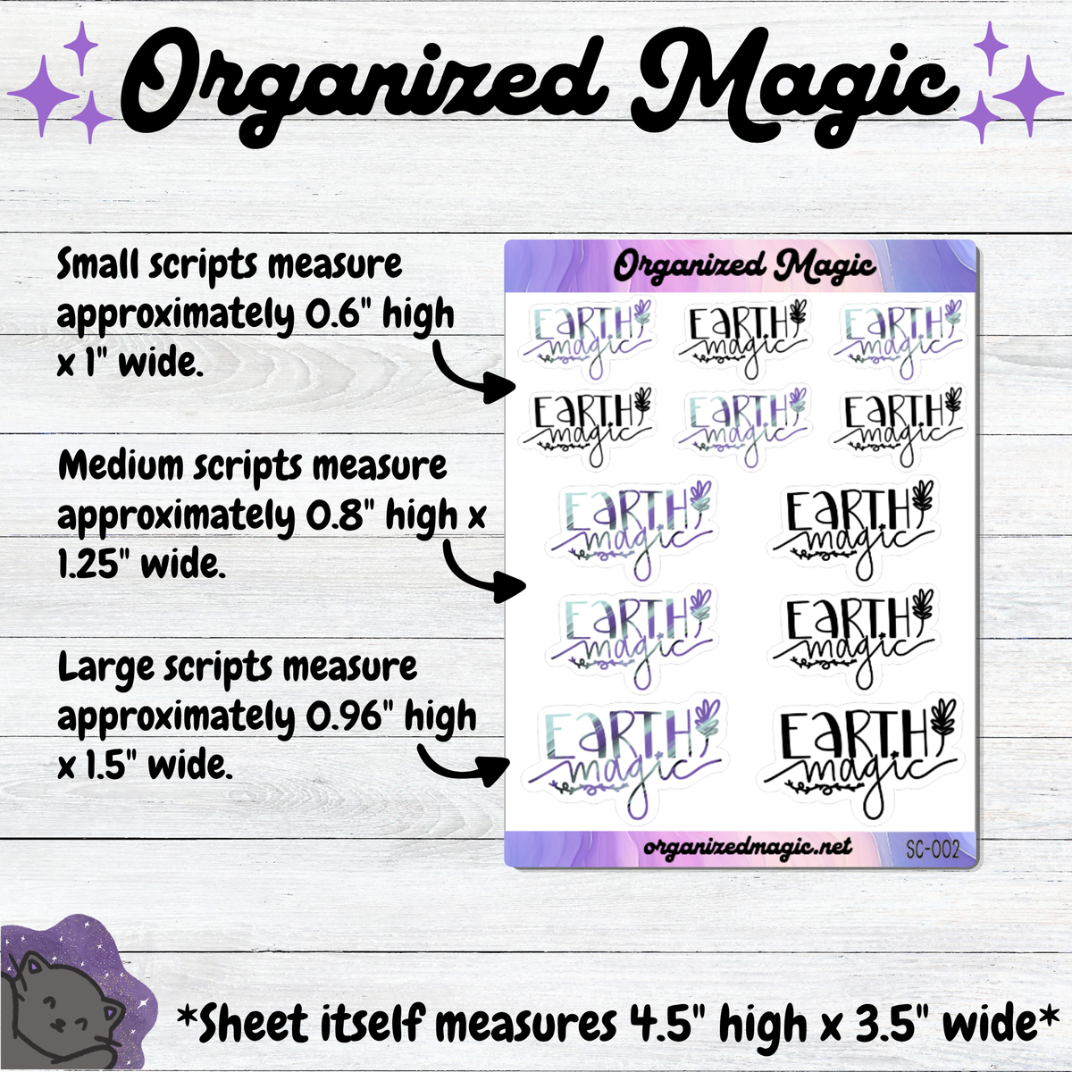 A product information graphic for 'Organized Magic' decorative script stickers, showing a sample sticker sheet with black, purple, and white lettering, alongside text detailing measurements for small, medium, and large script sizes on a light wood background.