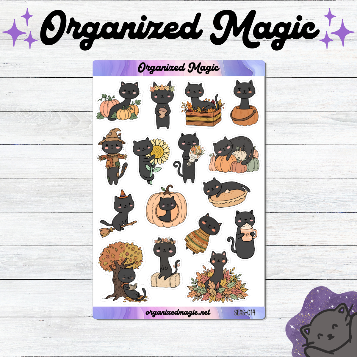 A sheet of planner stickers featuring cute black cats in autumn-themed poses, displayed on a white wood background with decorative purple branding text reading 'Organized Magic'.