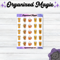 A sticker sheet from Organized Magic featuring autumn-themed coffee cup illustrations, displayed on a white wood background with decorative purple text and a cat illustration.