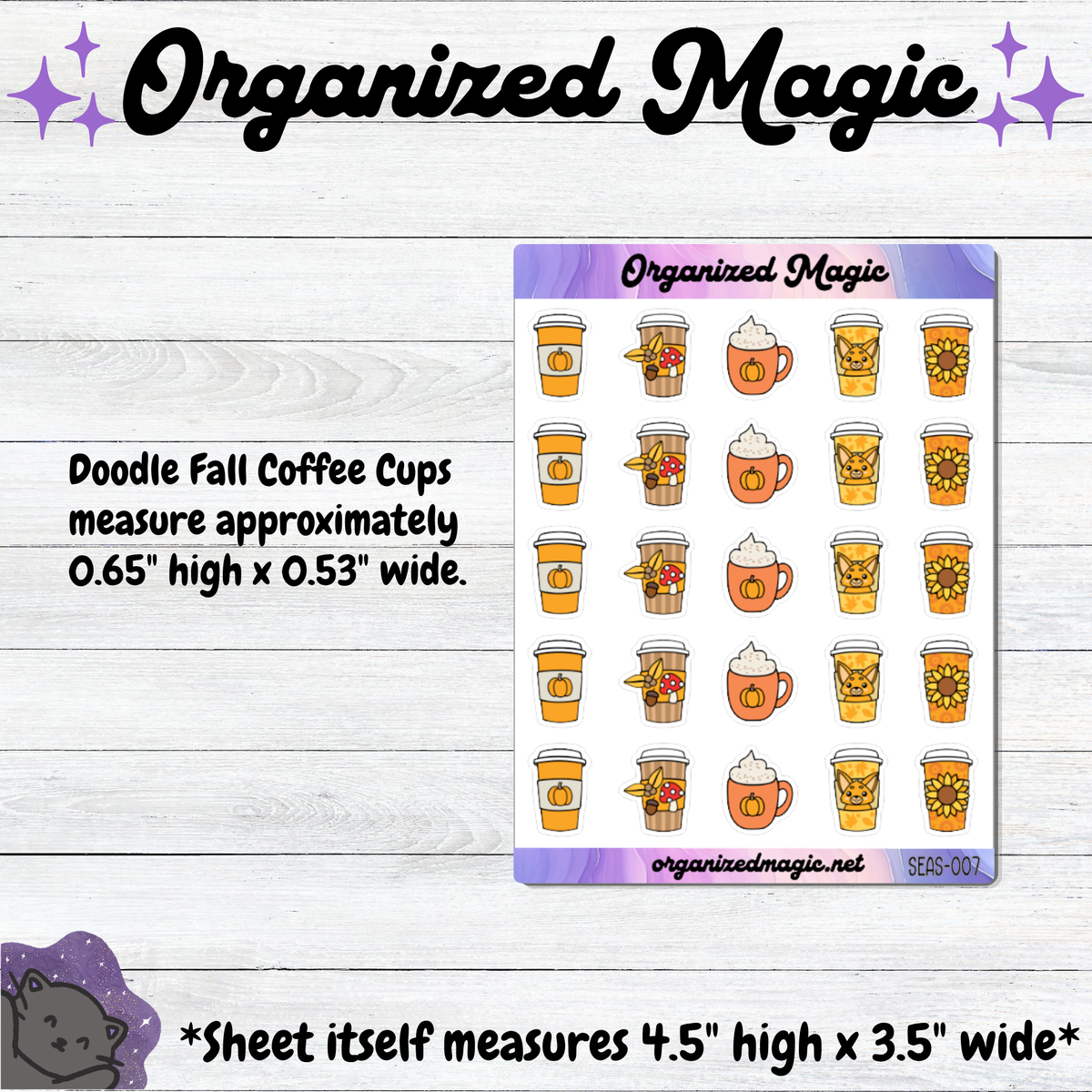 A sticker sheet titled 'Organized Magic' featuring illustrated fall coffee cups in orange, yellow, and brown tones, shown on a light wood background with size text and decorative branding.