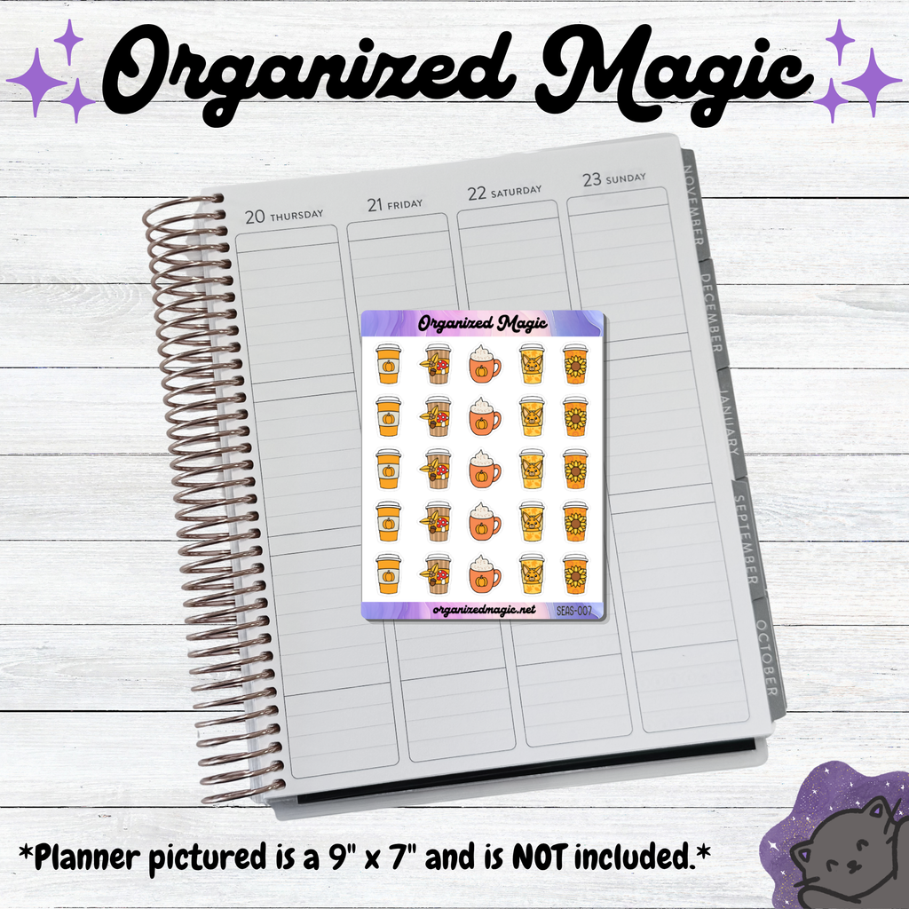 A sheet of planner stickers featuring colorful coffee cup illustrations, placed on an open spiral planner. The image includes the text 'Organized Magic' at the top and a note at the bottom stating the planner pictured is 9 x 7 inches and not included.