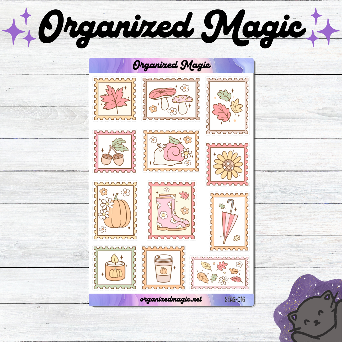 A sheet of planner stickers with autumn-themed illustrations including leaves, mushrooms, acorns, a snail, rain boots, a pumpkin, an umbrella, and a candle, displayed on a white wood background with decorative text and a cat illustration.