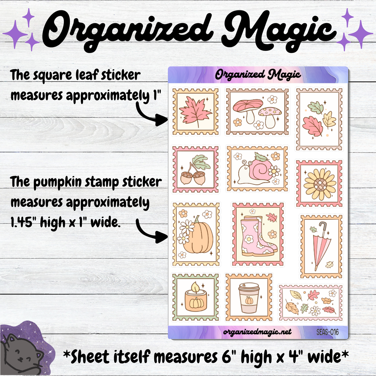A planner sticker sheet titled 'Organized Magic' shown on a light wood background with sticker measurements. The sheet contains multiple autumn-themed square stickers including leaves, mushrooms, acorns, a pumpkin, a rain boot, an umbrella, and flowers.