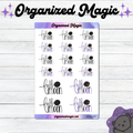 A sheet of hand lettered planner stickers featuring 'full moon' designs in black, purple, and gold, displayed on a light wood background with 'Organized Magic' branding.