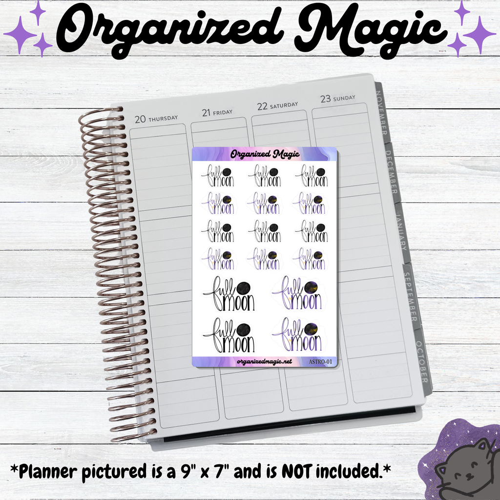 A spiral-bound planner page with a sticker sheet placed on top. The sticker sheet reads 'Organized Magic' and shows repeated moon-and-star illustrations in black and purple. The planner is not included.