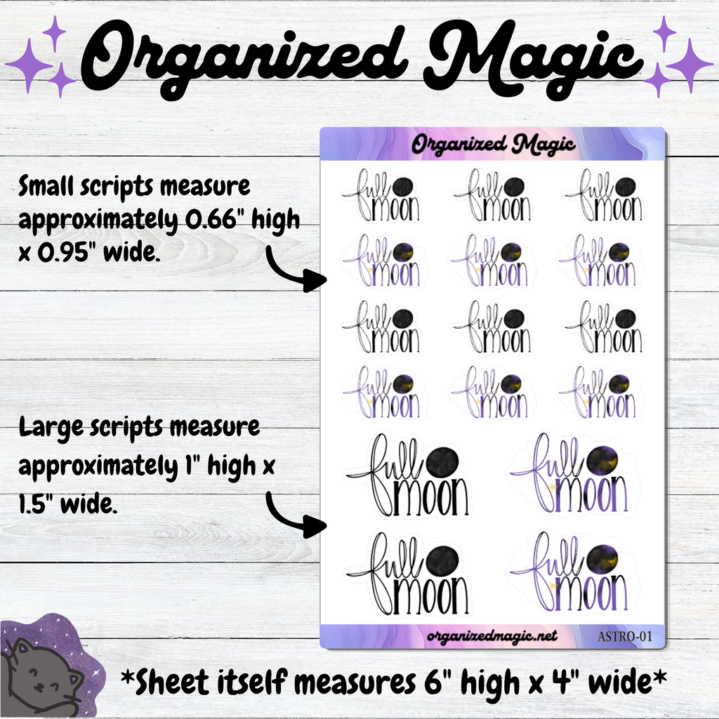 A planner sticker sheet labeled 'Organized Magic' shown on a light wood background with explanatory text about script size measurements. The sheet contains repeated moon-and-star style stickers in black, purple, and iridescent accents, plus arrows and size notes.