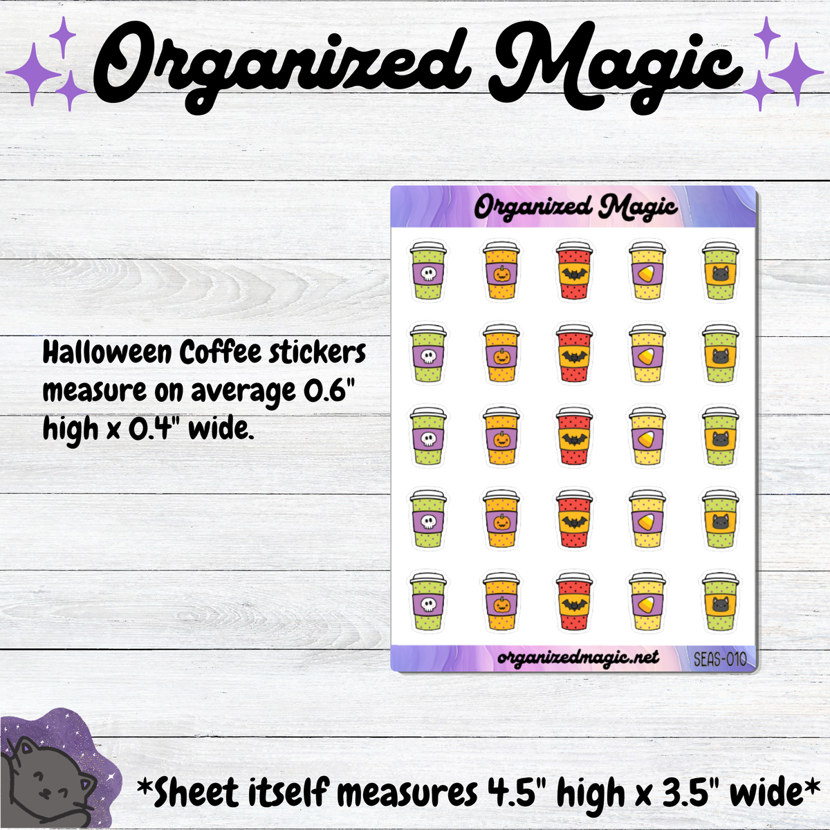 A product listing graphic for 'Organized Magic' brand Halloween coffee stickers. The image shows a sheet of 20 stickers featuring cartoon coffee cups with spooky faces (pumpkin, cat, ghost, spider, jack-o'-lantern) in purple, yellow, green, and red.