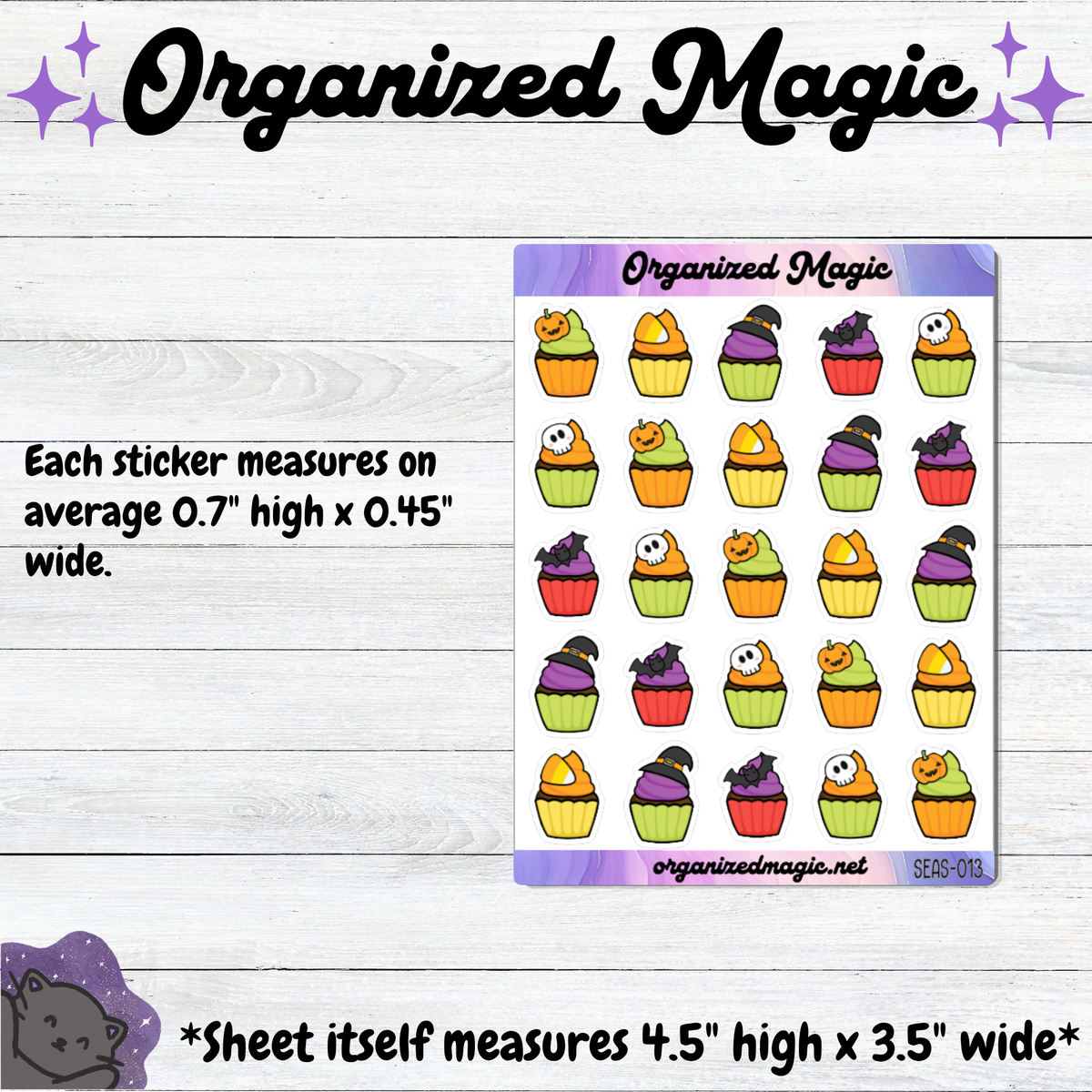A sticker sheet featuring colorful Halloween-themed cupcake stickers on a white sheet, displayed on a light wood background with text detailing the sticker and sheet measurements. The brand name 'Organized Magic' is visible at the top and on the sticker sheet.