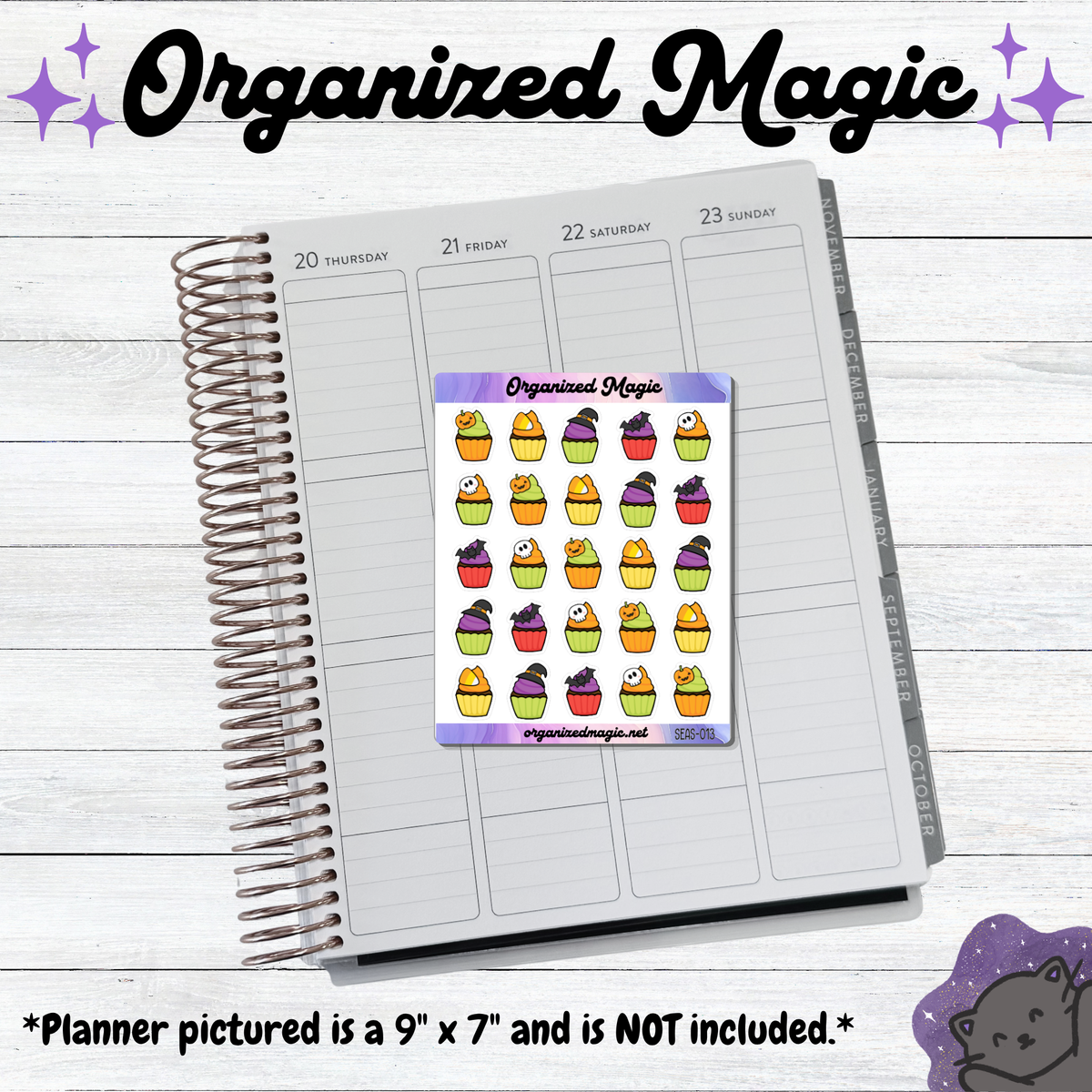 A rectangular sticker sheet featuring five rows of five small Halloween-themed cupcake illustrations displayed on an open planner. The cupcakes are decorated with ghosts, pumpkins, bats, and witch hats in orange, purple, green, and black. The text Organized Magic is at the top.
