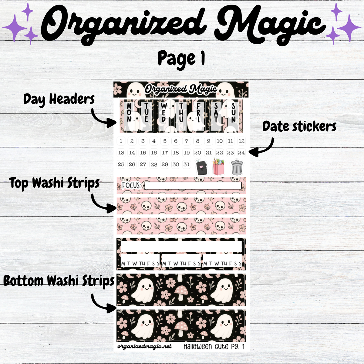 Halloween Hobonichi Weeks Planner Stickers, Pink October Kit (2 Sheets)