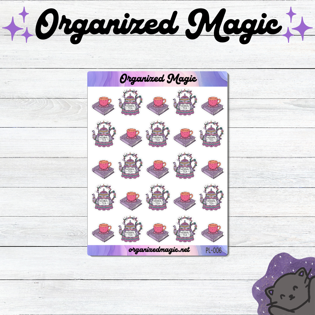 a sticker of teapots and cups