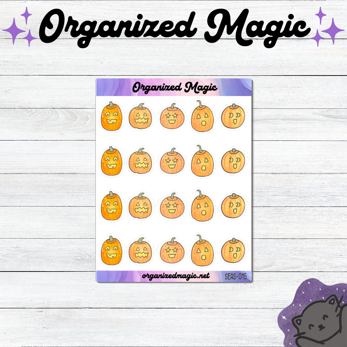 A sheet of planner stickers featuring orange jack-o'-lantern pumpkins with various carved faces, displayed on a white wood background with 'Organized Magic' branding at the top.