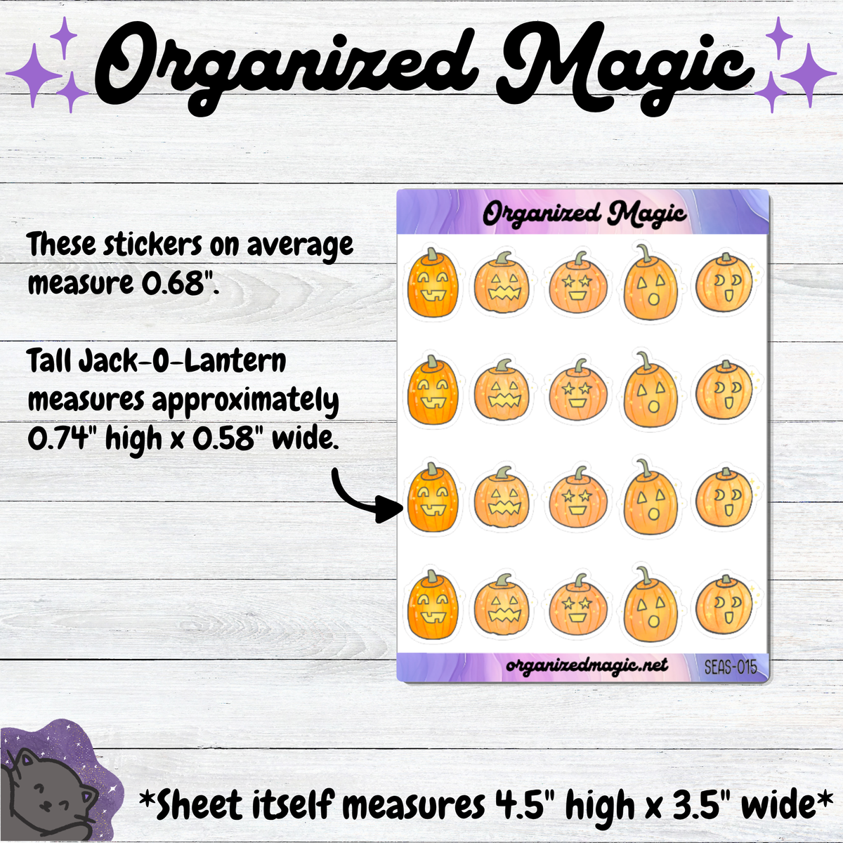 A sticker sheet featuring cartoon jack-o'-lantern faces with various expressions, shown on a light wood background with text detailing the dimensions of the stickers and the sheet.