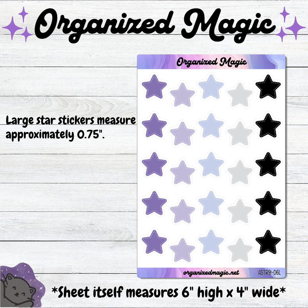 Star planner sticker sheet from Organized Magic on a light wood background. The sheet contains rows of large star stickers in lavender, light purple, white, and black, with text noting that the large star stickers measure approximately 0.75 inces.