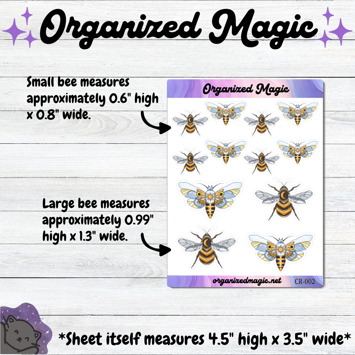 A product listing graphic for a sticker sheet titled 'Organized Magic' showing multiple illustrated bees and moths on a white sheet with purple header/footer bands. Text on the image explains the size of the small and large bees, and the sheet itself is shown against a light wood background.