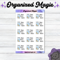 A sticker sheet titled Organized Magic featuring fifteen individual stickers. Each sticker displays a glass jar filled with blue liquid and a yellow crescent moon, accompanied by the text Make Moon Water and small star icons.