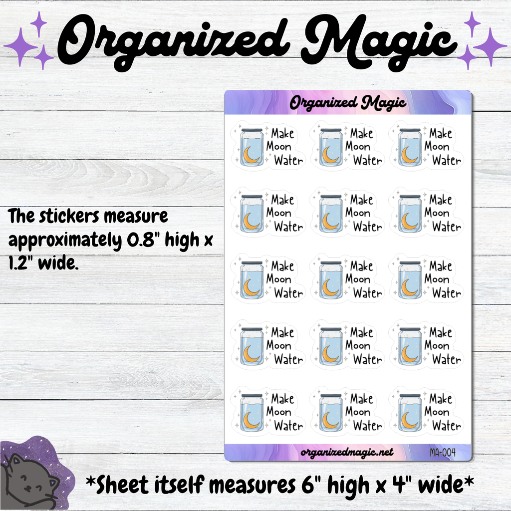 A planner sticker sheet from Organized Magic featuring repeated 'Make Moon Water' jar illustrations on a white sheet with purple header bands. The image includes text stating the stickers measure approximately 0.8 inches high by 1.2 inches wide.