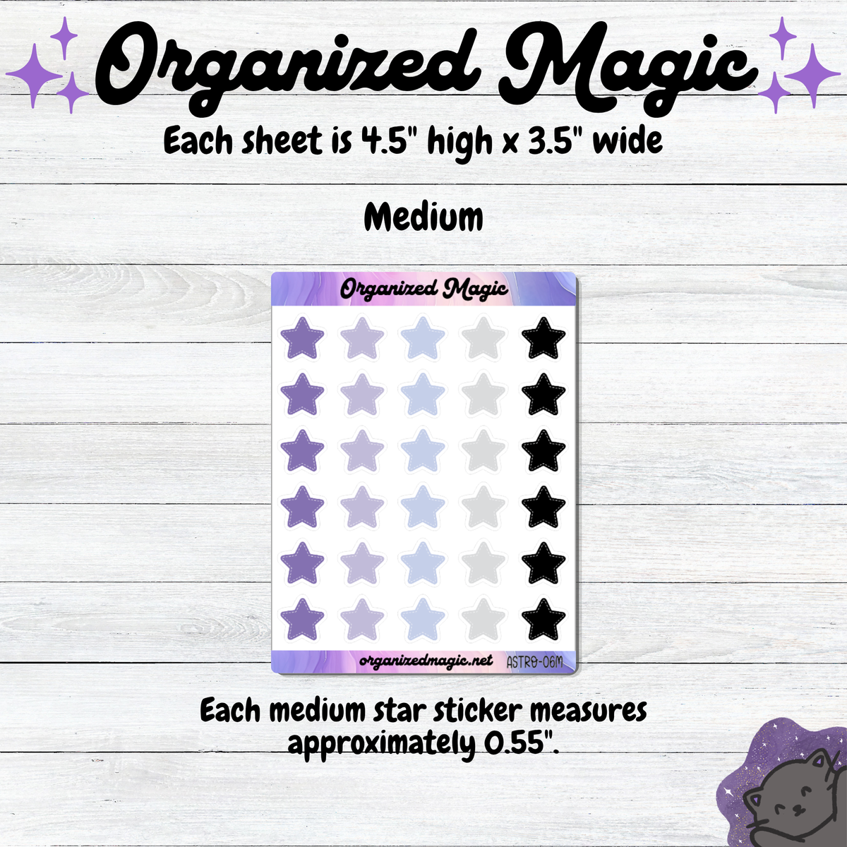 A product listing graphic for 'Organized Magic' planner stickers, showing a medium-sized sticker sheet with lavender, light blue, white, and black star stickers. The graphic includes text detailing the dimensions of the sheets and individual stars on a white wood-textured background. The medium stickers measure approximately 0.55 inches.