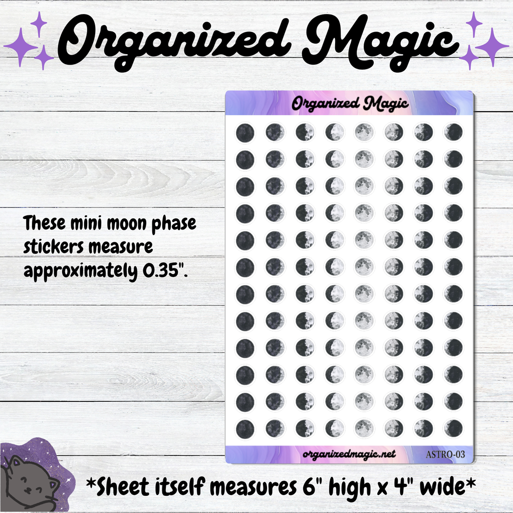 A sheet of Organized Magic mini moon phase planner stickers displayed on a light wood background. The sheet contains 96 black and gray moon phase stickers arranged in a grid. Each sticker measures approximately 0.35".
