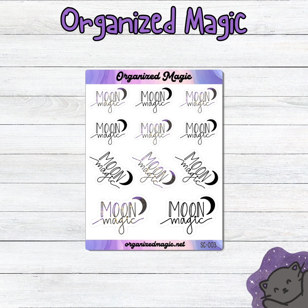 A sticker sheet featuring eleven individual stickers with the text Moon Magic in a stylized hand written font, accompanied by a crescent moon graphic. The stickers have a purple and blue gradient background and are arranged on a white rectangular sheet.